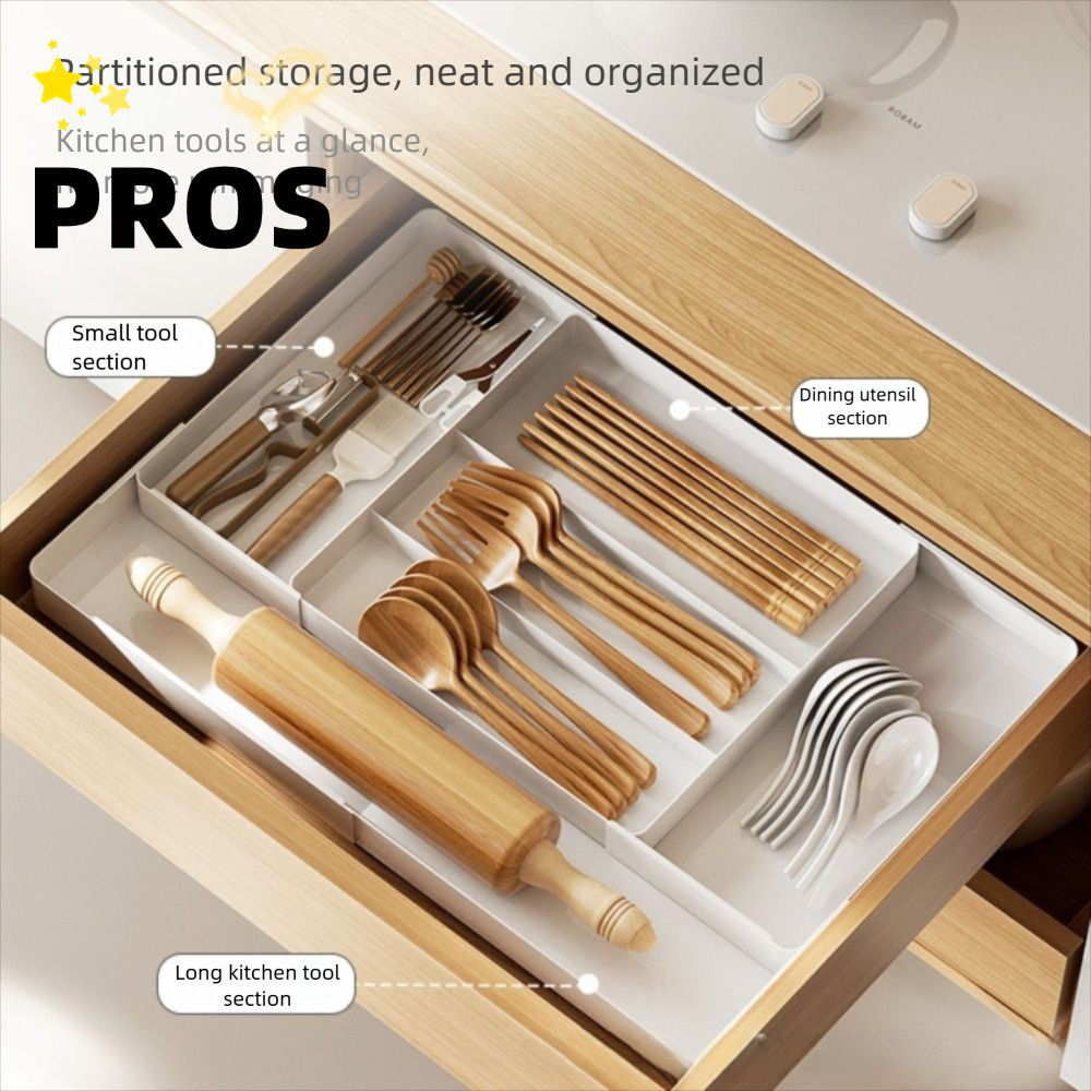 PROS อุปกรณ์จัดระเบียบลิ้นชัก,พลาสติกอเนกประสงค์กล่องเก็บเครื่องครัว,ขยายเครื่องใช้บนโต๊ะอาหารแบบปรับได้ที่ใส่ช้อนส้อมถาดลิ้นชัก Divider