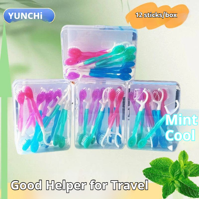 หยุนจิ แปรงสีฟันแบบใช้แล้วทิ้งพร้อมไหมขัดฟัน 12 ชิ้น/แพ็ค พกพาสะดวกสําหรับเดินทางผู้ใหญ่