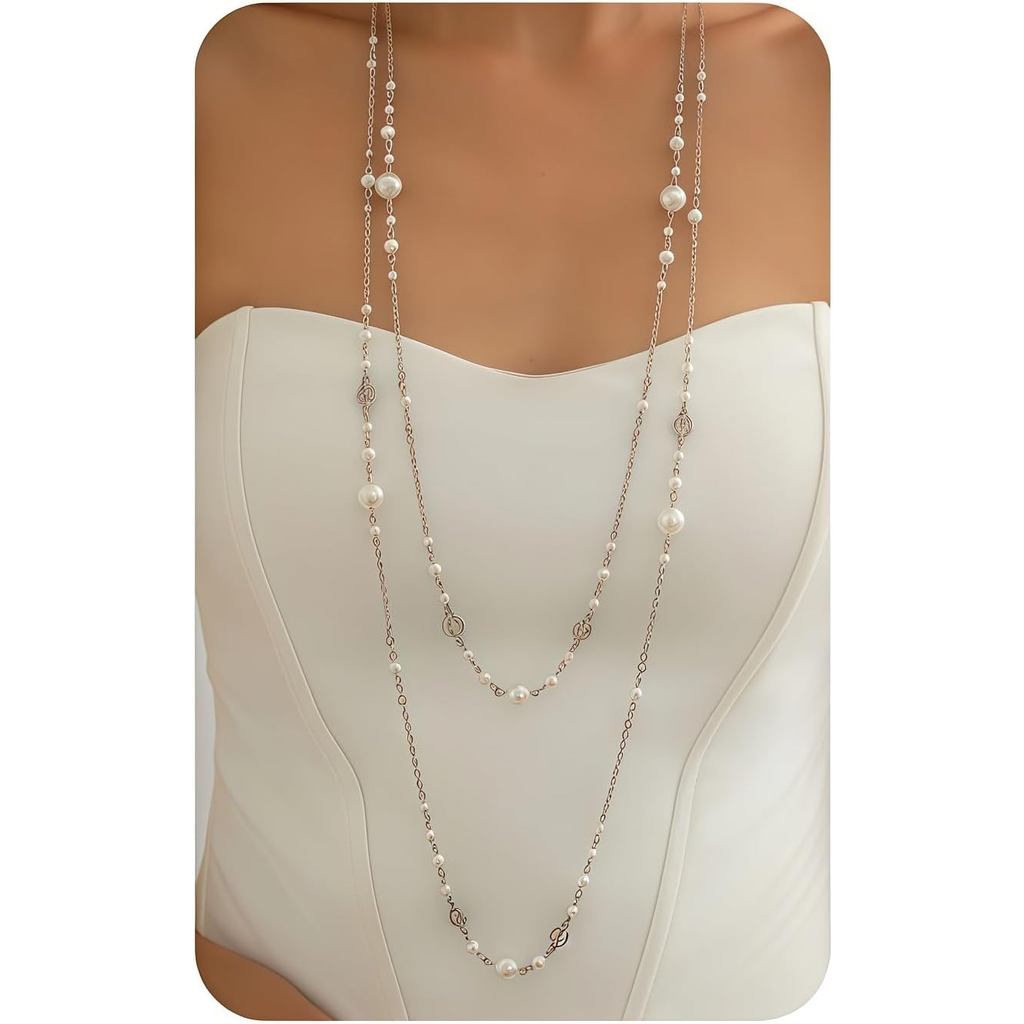 สร้อยคอมุกยาวสําหรับผู้หญิง,Bho Layered Faux Pearl สร้อยคอ,ยาวลูกปัดเสื้อกันหนาว,เครื่องประดับที่หรู