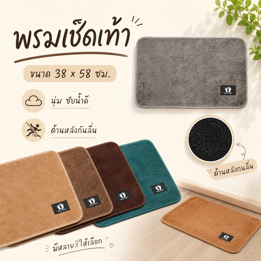พรมเช็ดเท้า ขนาด 38x58 ซม. พรมปูพื้นนุ่มซับน้ำ ด้านหลังกันลื่น ใช้วางหน้าห้องน้ำ หน้าประตู ห้องนอน