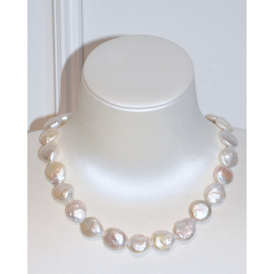 3A Freshwater Coin Necklace in Copper - Double O Clasp - White (13 -14mm)