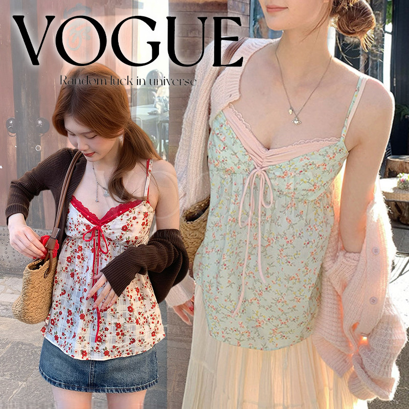 Vogue🌟พร้อมส่ง🌟 เสื้อสายเดี่ยวลายดอกไม้ แต่งโบว์ผ้าสีสันสดใส ยืดตามตัว  (FY2038#1)