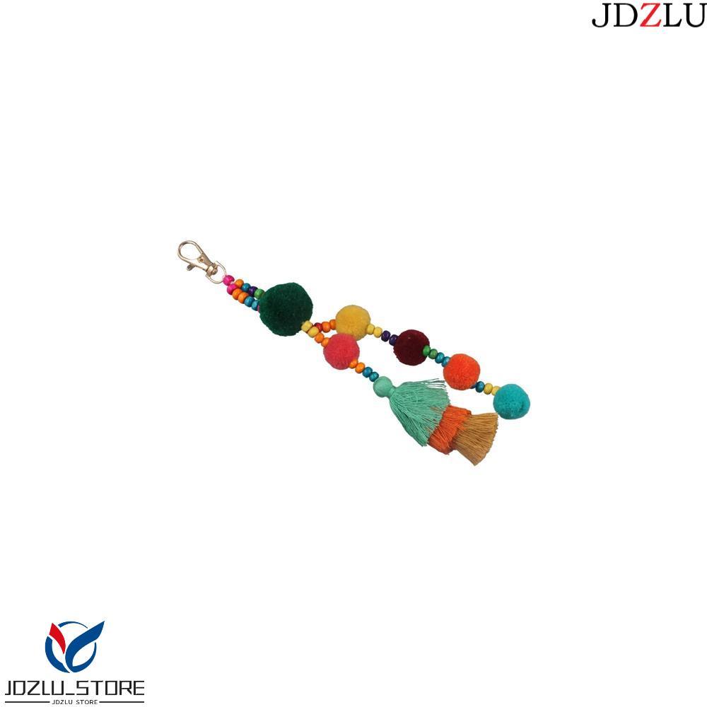 JDZLU Boho สไตล์ผม Ball พู่พวงกุญแจ, Boho สไตล์ที่มีสีสัน Boho สไตล์พวงกุญแจ, Boho เครื่องประดับ Pom