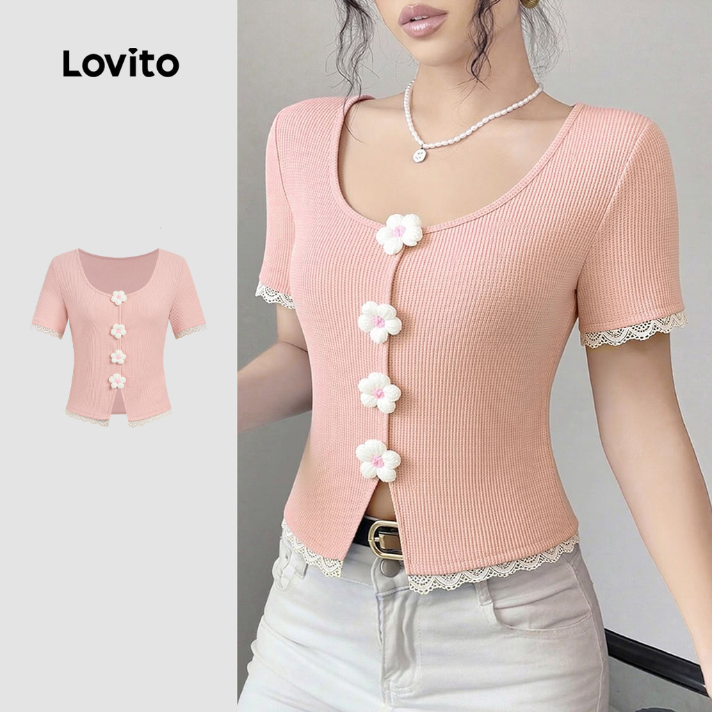 Lovito เสื้อยืดลําลองสําหรับผู้หญิง สีชมพู ลายพิมพ์ สําหรับฤดูใบไม้ผลิ/ฤดูร้อน LK3AD324