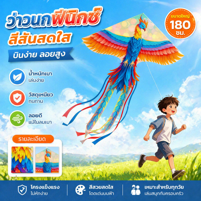 ว่าว ลายการ์ตูน ใหม่ ว่าวฟีนิกซ์ ฟรี สายว่าว 50m 1.4/1.8/2.9m ของเล่นกลางแจ้ง ว่าวของเล่น