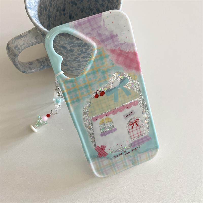 สําหรับiPhone 16 17 13 14 15 Pro MaxกรณีInsสดสีเขียวหวานน่ารักGlitter Double Layer Small House Bowสร