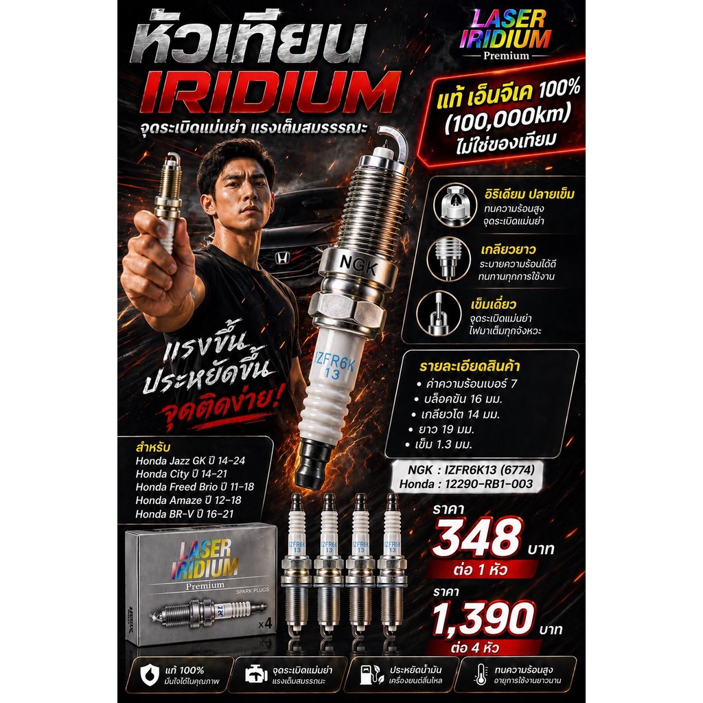 **แท้ NGK100%(100,000km)**(ไม่ใช่ของเทียม) หัวเทียนเข็ม irridium HONDA Jazz GK ปี 14-21/NGK : IZFR6K