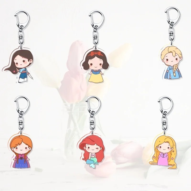 น่ารัก chibi Disney Princess Elsa Rapunzel Ariel Snow White Anna Mulan พวงกุญแจทําจากไมกาอะคริลิคสําหรับตกแต่งกระเป๋า