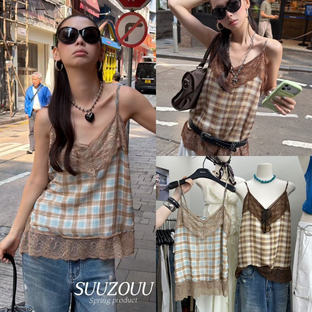 ❤ 🧵 🇰🇷 SU201 เสื้อสายเดี่ยว ลายสก็อต แต่งผ้าลูกไม้ โทนสีสวย ผ้าดีใส่สบาย ไม่หนาไม่บาง แฟชั่นเกาหลี TAG MM Fish 🧡