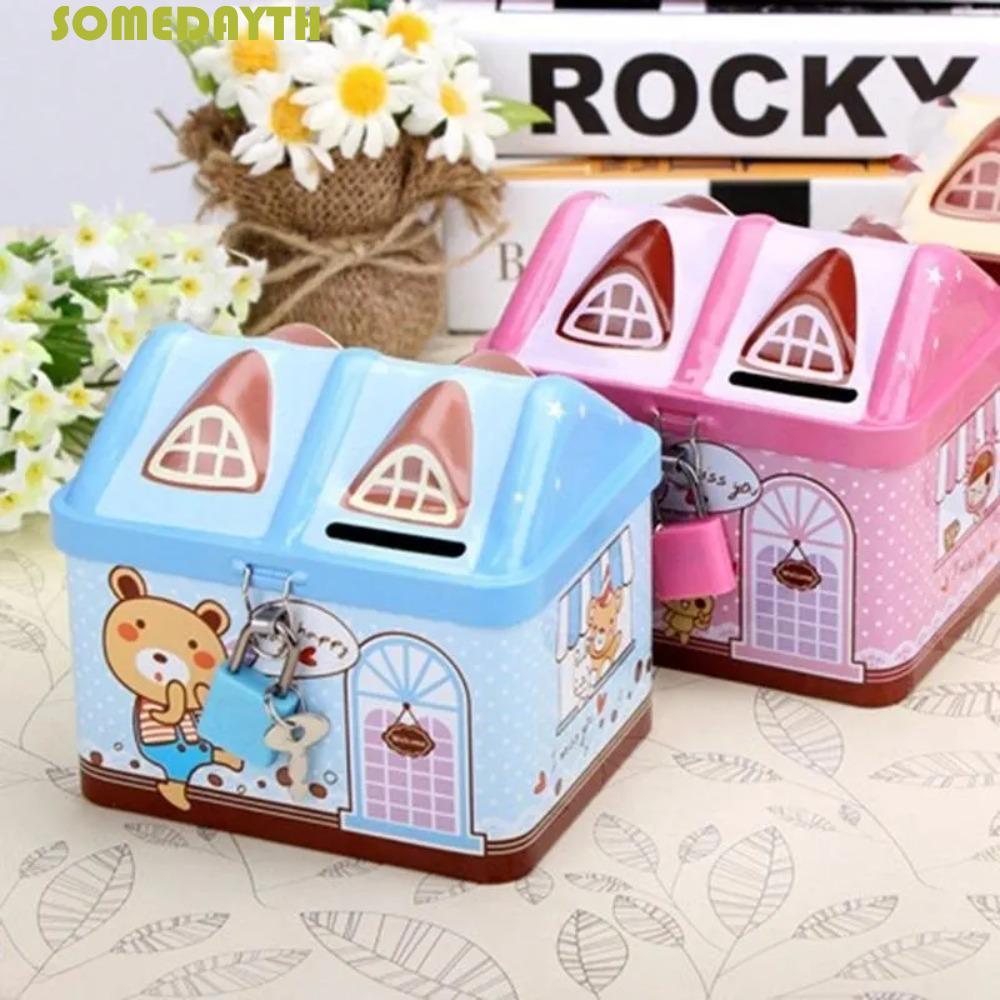 SOMEDAY House Coin Box, Creative with Key Lock House Shape Piggy Bank, Money Box Metal Cute Coin Saf