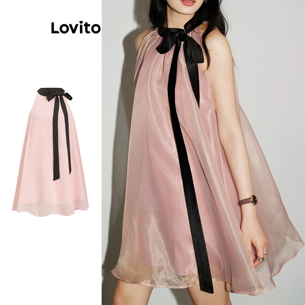 Lovito ชุดเดรสแบบสองชั้น ปกคอผูกด้านหน้า สไล์ลำลอง สำหรับผู้หญิง รหัส L109MD177