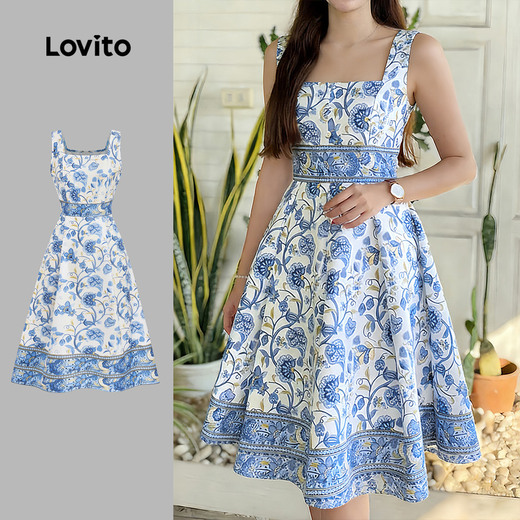 Blue Vacation พิมพ์แกว่งขนาดใหญ่ฤดูใบไม้ผลิฤดูร้อนคอสี่เหลี่ยมแขนกุด Dress-DRB184PBD587