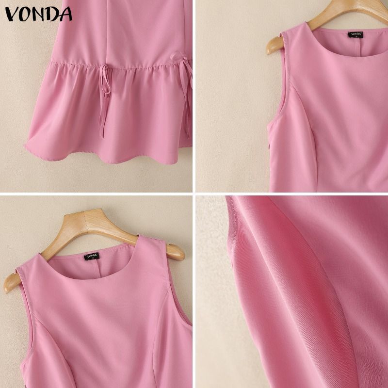 VONDA ผู้หญิงเกาหลีสไตล์ Girlish ปิดไหล่แขนกุดเอวติดตั้งสาย Ruffle Hem โบว์ทอ Slim Fit ชุดมินิ — صورة 8