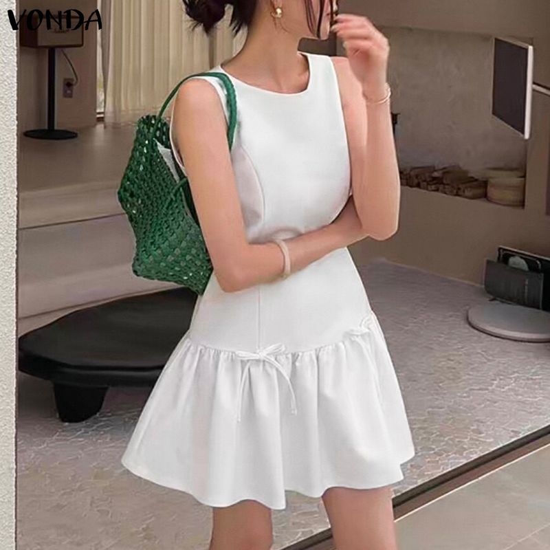 VONDA ผู้หญิงเกาหลีสไตล์ Girlish ปิดไหล่แขนกุดเอวติดตั้งสาย Ruffle Hem โบว์ทอ Slim Fit ชุดมินิ — صورة 6