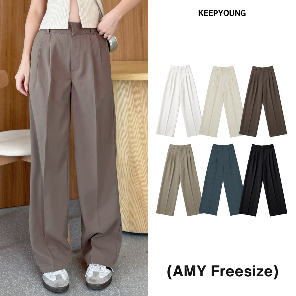 KEEPYOUNG [M-2XL]  กางเกงกระบอกใหญ่ เอวสูง ผ้าพริ้ว ใส่สบาย รุ่น AMY