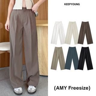 KEEPYOUNG [M-2XL] กางเกงกระบอกใหญ่ เอวสูง ผ้าพริ้ว ใส่สบาย รุ่น AMY