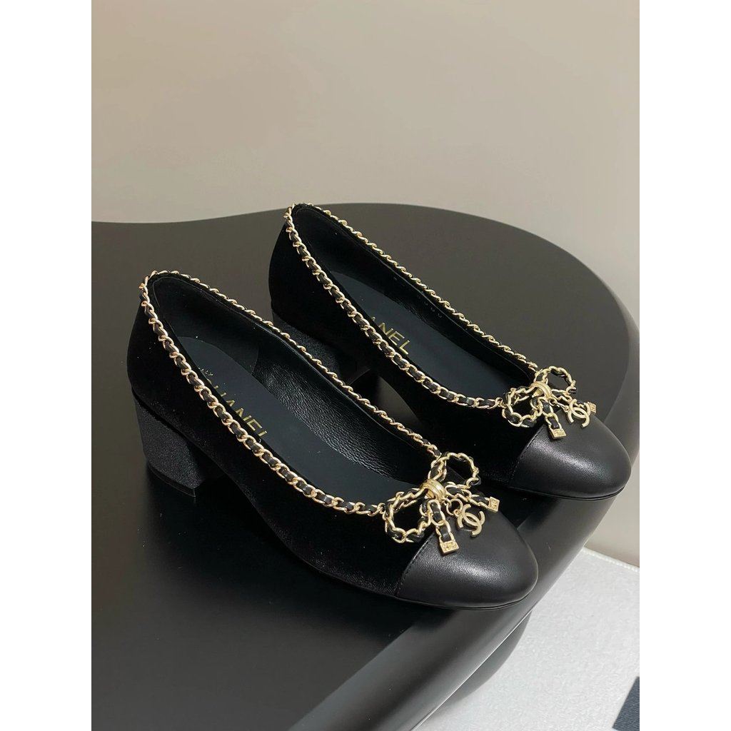 2025.4.3-6ซม. ส้น CHANEL CHANEL CHANEL รองเท้าผูกโบว์โซ่/รองเท้าส้นสูง