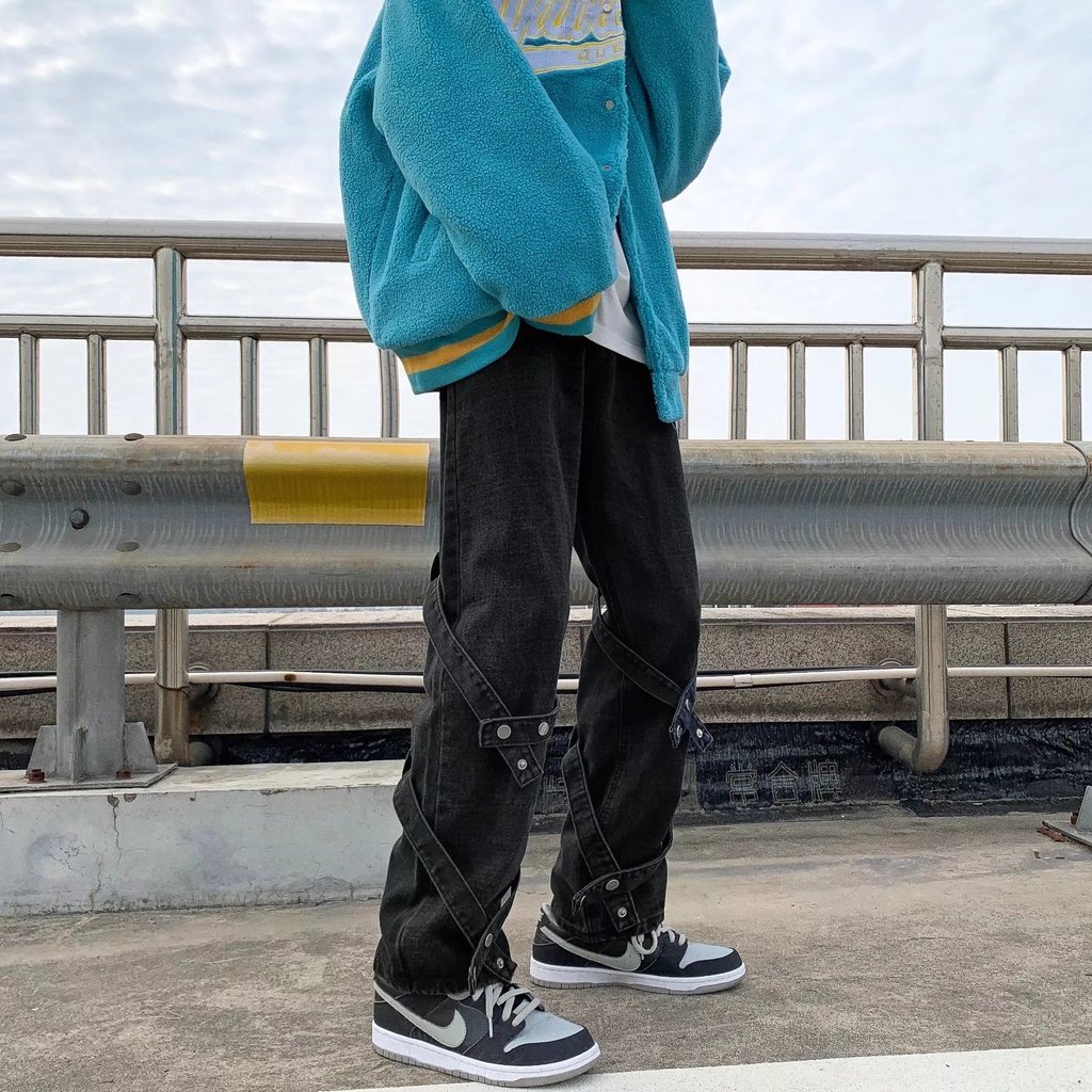 American Style Blast Street Pants High Street ins Street Wear Bandage Jeans Mens High-End oldschool 