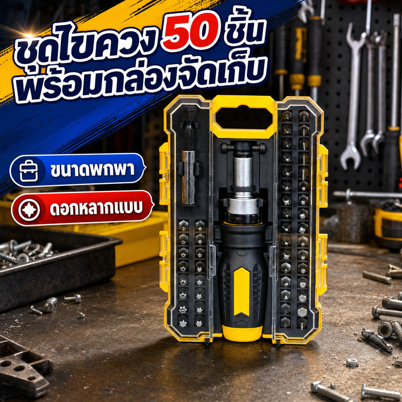 Hotak ชุดไขควงด้ามฟรี (Ratcheting) 50 ชิ้น พร้อมกล่องจัดเก็บ รวมดอกไขควงหลายแบบ Phillips/Slotted/Tor