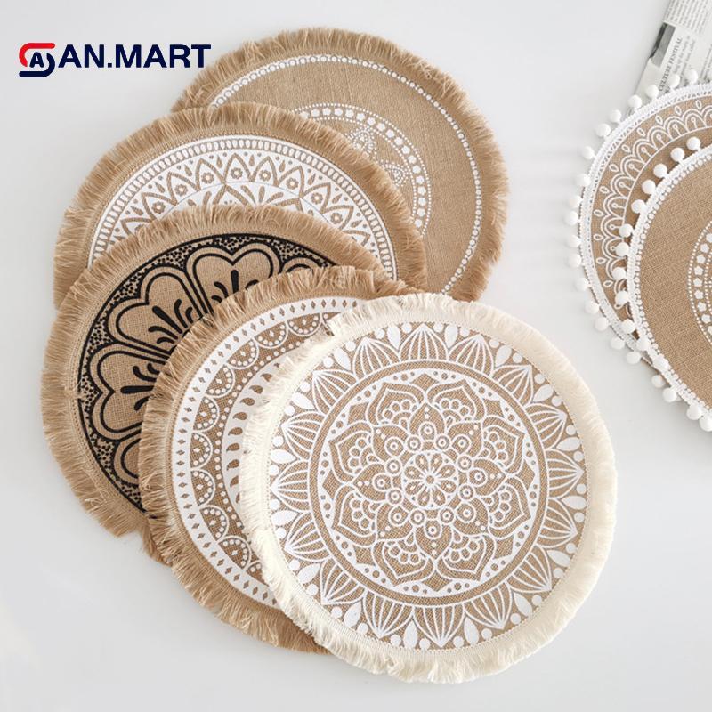 AN.MART Ins สไตล์ Simple Hand-ทอ Jute Placemats Coasters Retro ผ้าฝ้ายผ้าลินินตกแต่ง Mats แจกันอุปกร