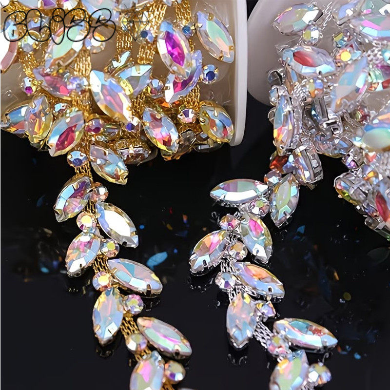 AB Rhinestone โซ่ตัด Sparkly คริสตัล Applique สําหรับงานแต่งงานเย็บหัตถกรรมเครื่องประดับ DIY ตกแต่ง