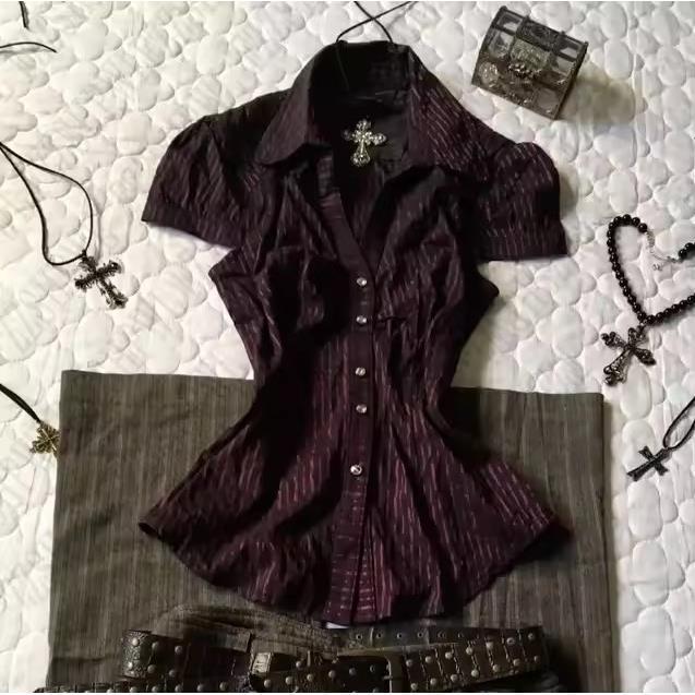 Cross-Border y2k Top Style Commuter สบายอารมณ์ Slim-fit เสื้อลายยุโรปอเมริกัน Retro อเมริกัน Elegant