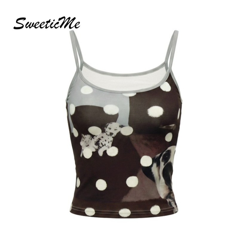 SweeticMe เสื้อสตรี 2026 ใหม่แฟชั่นสีตัดกันลายจุดลําลองสายรัดไหล่ปรับได้ Camisole