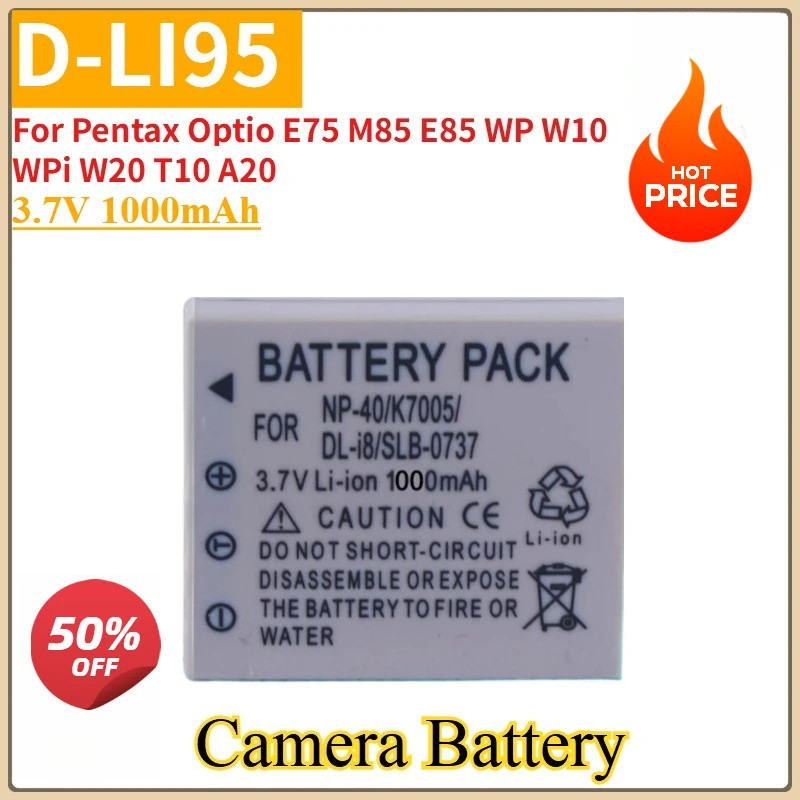 ใหม่เปลี่ยนแบตเตอรี่กล้อง D-LI95 3.7V 1000mAh สําหรับ Pentax Optio E75 M85 E85 WP W10 WPi W20 T10 A2