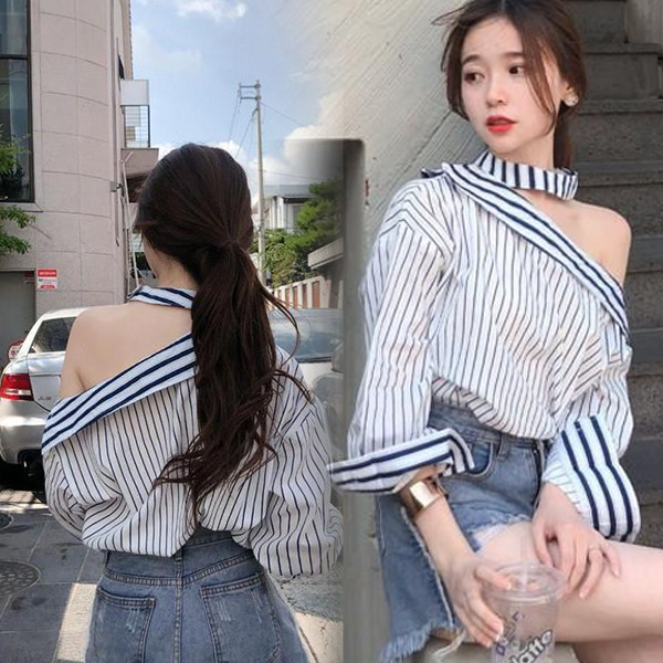 STYLE#เสื้อเชิ้ตลายทางสำหรับผู้หญิง ดีไซน์ไหล่เดียว แขนยาว เซ็กซี่และมีสไตล์ #w488