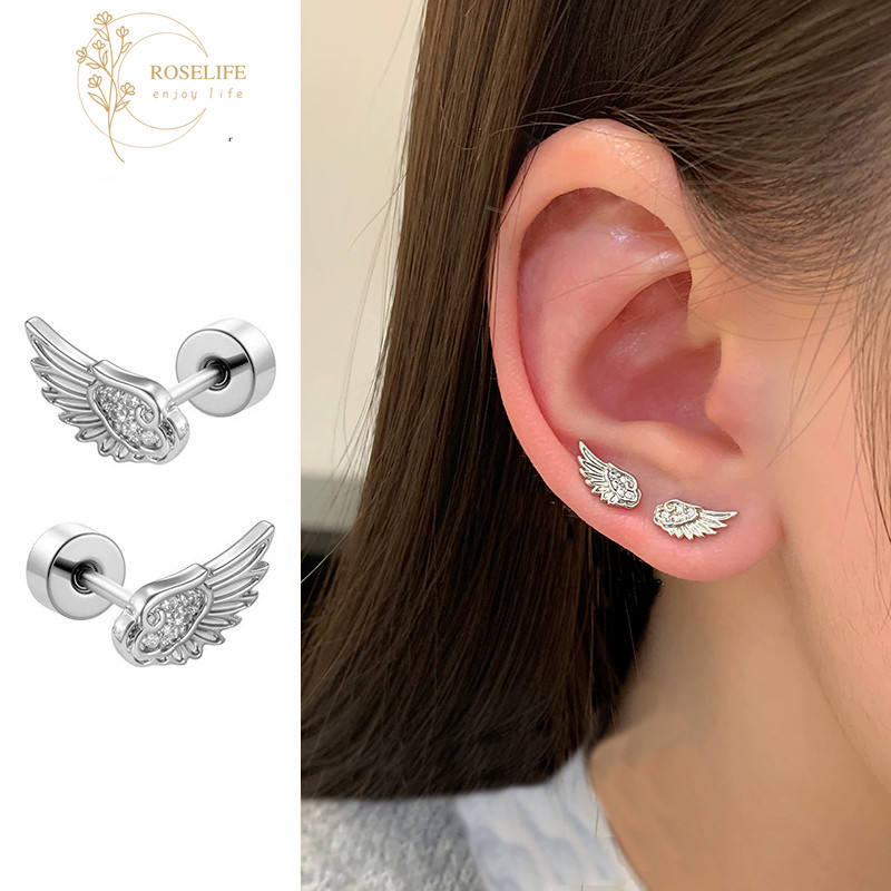 Roselife 2PCs เกาหลี s925 เงิน Shining คริสตัลปีกสกรูต่างหูสําหรับผู้หญิงสาวแฟชั่น Pierced หู Studs เครื่องประดับ