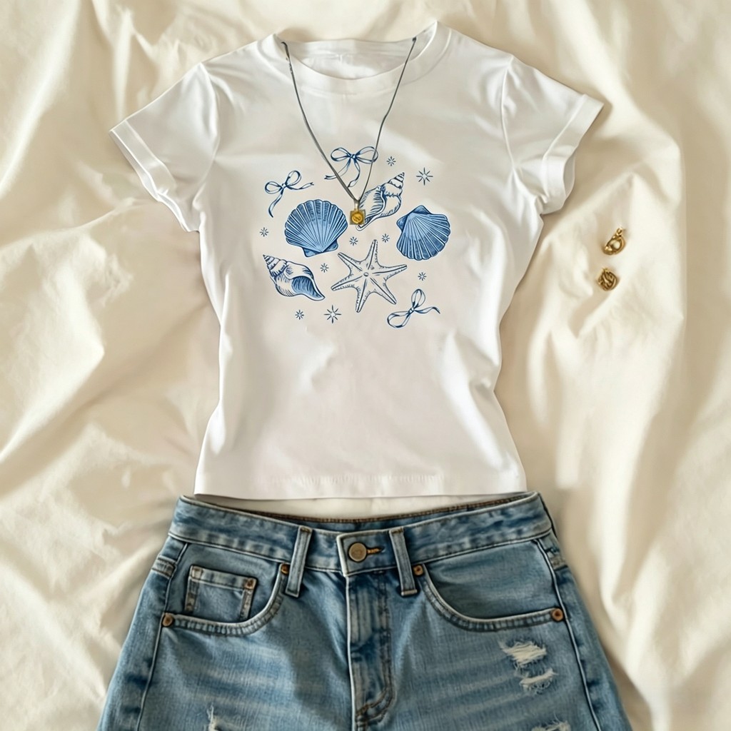 ส่งจากไทย เสื้อยืดแขนสั้นพิมพ์ลายเปลือกหอยและปลาดาวสำหรับผู้หญิงในช่วงฤดูร้อน ชุดเสื้อตัวบนสไตล์สาวหวาน