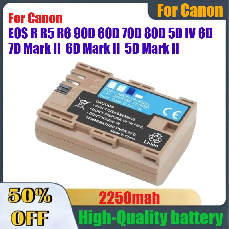 2250mAh คุณภาพสูง LP-E6NH แบตเตอรี่สําหรับ Canon EOS R R5 R6 90D 60D 70D 80D 5D IV 6D 7D Mark II 6D 