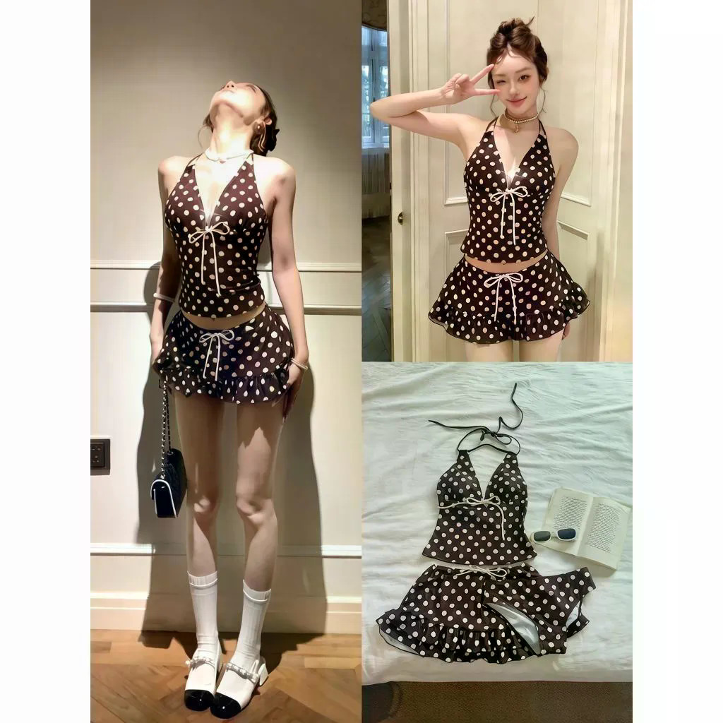 Retro Polka Dot ชุดว่ายน้ําสามชิ้นผู้หญิง Halterneck Tie กระโปรงแยกบิกินี่