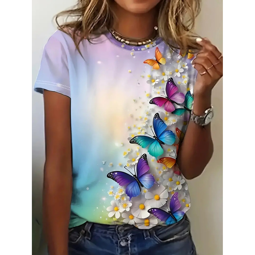 แฟชั่น 3D เสื้อยืดพิมพ์ลายผีเสื้อสําหรับผู้หญิงฤดูร้อนสบายๆ O-คอแขนสั้น Kawaii สาว Tee