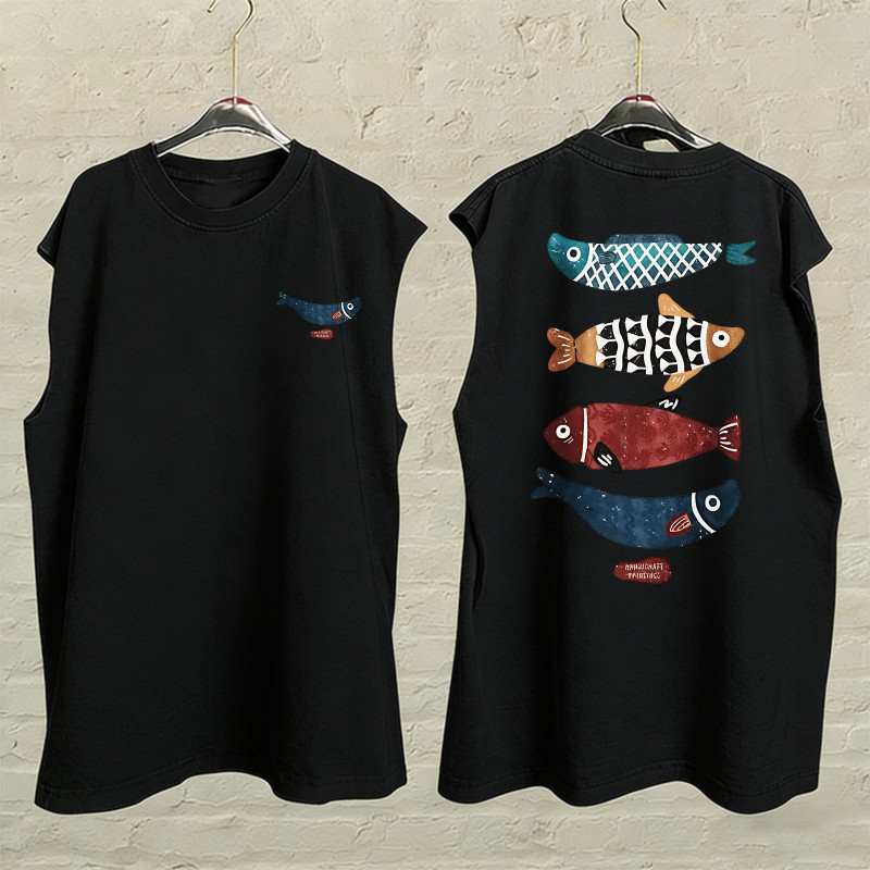 Sea.Tee เสื้อแขนกุด oversize ผ้าCotton100% เสื้อวินเทจ sleeveless vest ใส่สบาย 'Vertical row fish' 3XL