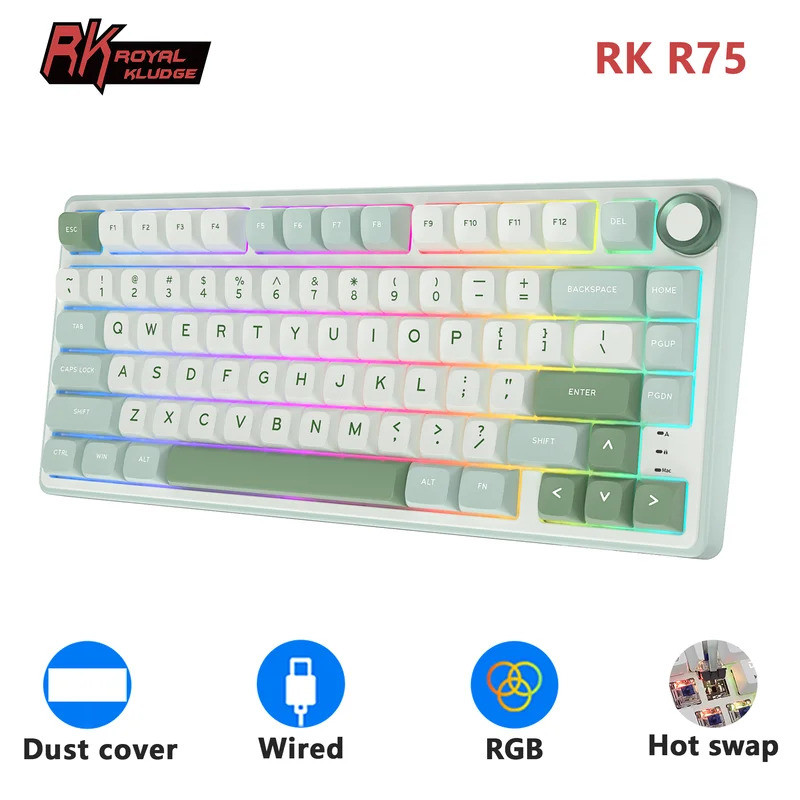 RK Royal Kludge R75 ปะเก็นคีย์บอร์ดแบบมีสาย 80 คีย์ RGB Backlit Hot-swappable สเปน Gamer คีย์บอร์ด M