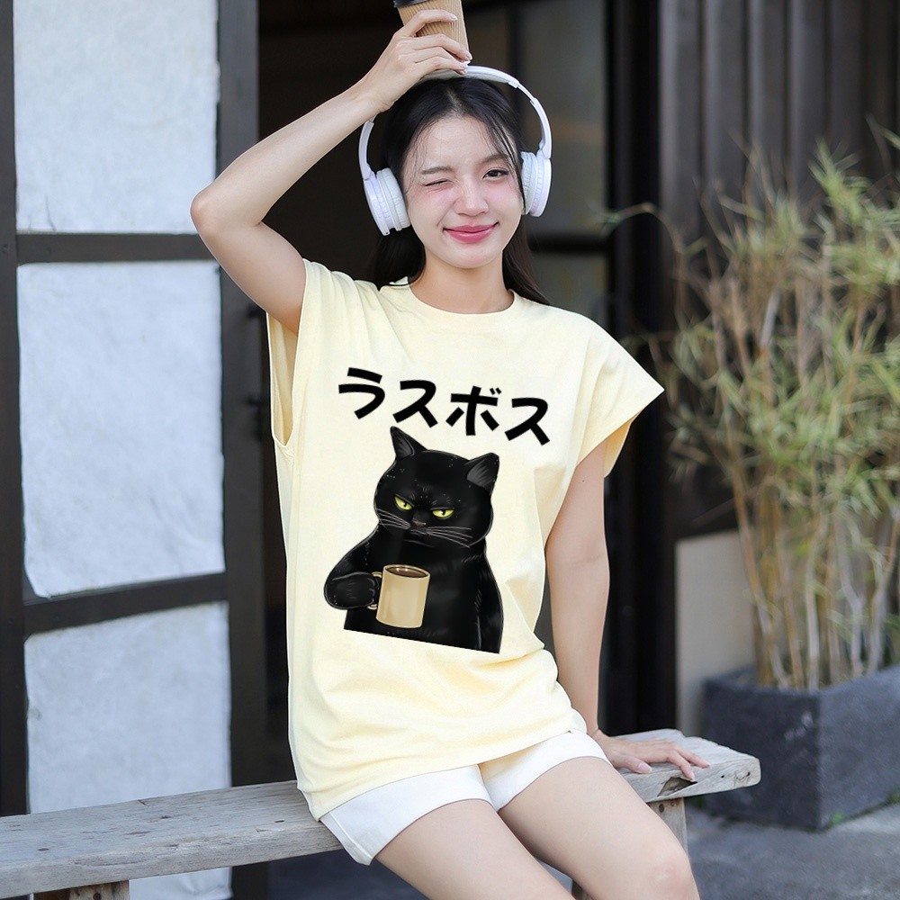 Sea.Tee เสื้อผู้หญิงแบบใหม่ แขนกุด คอกลม ผ้าCOTTON ลาย 'CAT Coffee' ระบายอากาศดี เนื้อผ้าคุณภาพสูง
