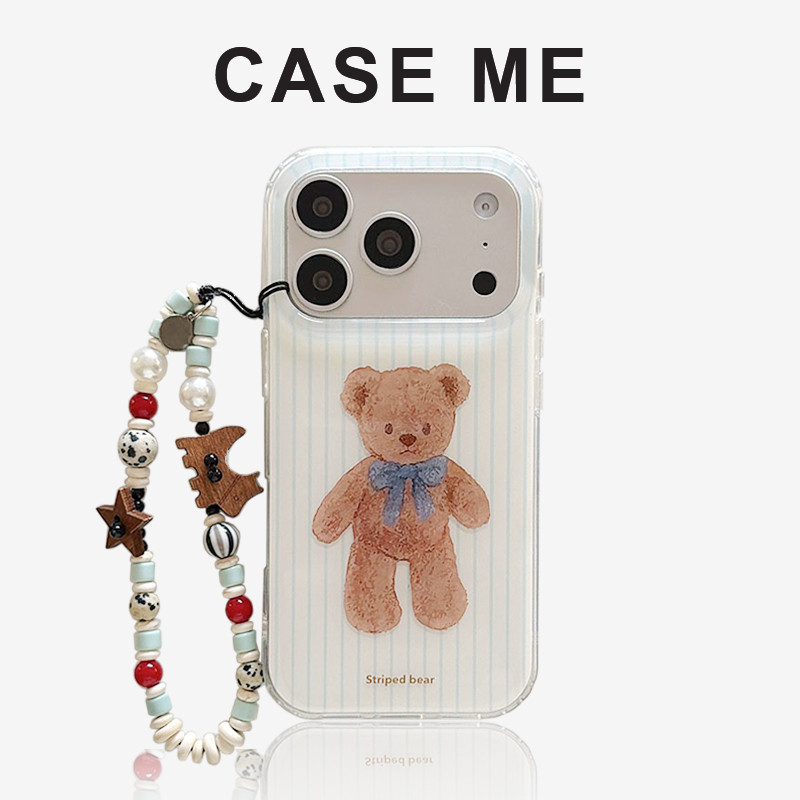 เกาหลี Bowknot Bear Stripes Cat Chain โทรศัพท์มือถือสําหรับ iPhone 14 15 16 17 Pro Max iPhone13 Hard IMD กันกระแทกสกปรกปกหลัง Shell