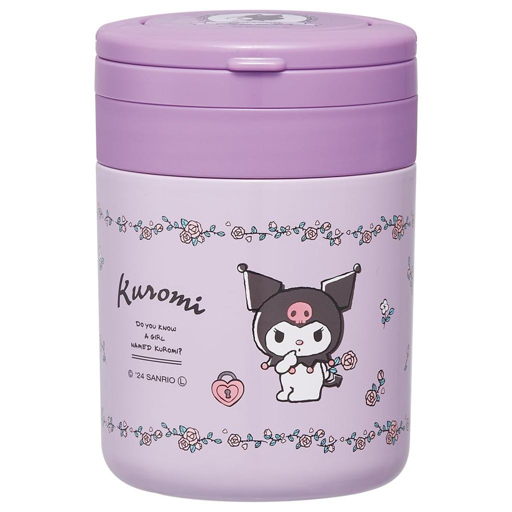 Skater Insulated Soup Jar, 300ml, with Folding Handle, Antibacterial, Sanrio Kuromi Flower Retro Des