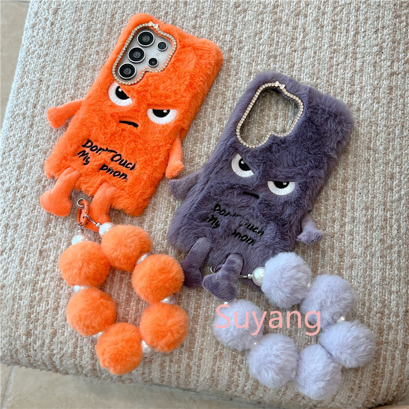 การ์ตูน Angry Face Expression Fluffy Fur เคสโทรศัพท์สําหรับ Samsung S26 Ultra S25 S24 S23 S22Plus S21 S20 FE พร้อมผมสร้อยข้อมือ