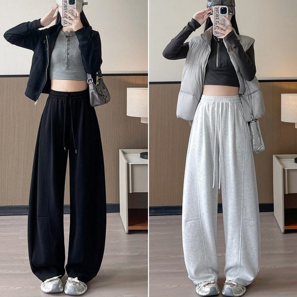 Bella Shop กางเกงลำลองสตรี กางเกงขายาว ทรงหลวม เอวสูงเพื่อแสดงความผอม ใส่ออกกำลังกาย
