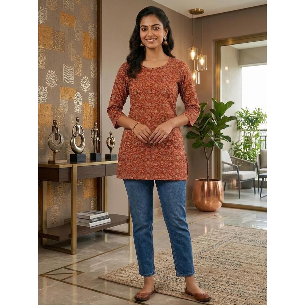 Modern Print Short Kurti Cotton Straight Kurti Top Only