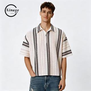 Kinwoo Premium Knitted Jacquard Fabric Polo Shirt For Men Boxy Cropped Loose Fit Summer Wear T126