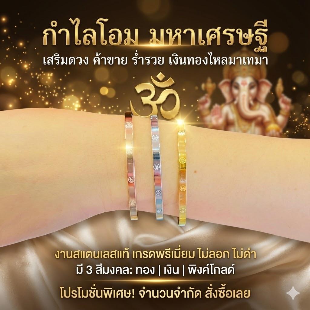โอมระรวย | กำไลโอม พระพิฆเนศ ขนาด 4-6-8 มิล ทรงรี-ทรงกลม พร้อมการ์ดโอม สัญลักษณ์พระพิฆเนศ SW3501