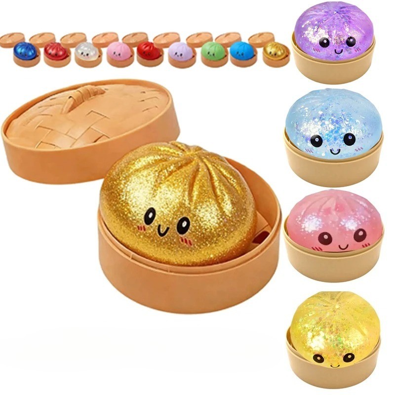Glitter Dumpling Glitter Dumpling Squishy พร้อมกล่องเกี๊ยว Sensory Squeeze ของเล่นสําหรับความเครียดบรรเทา