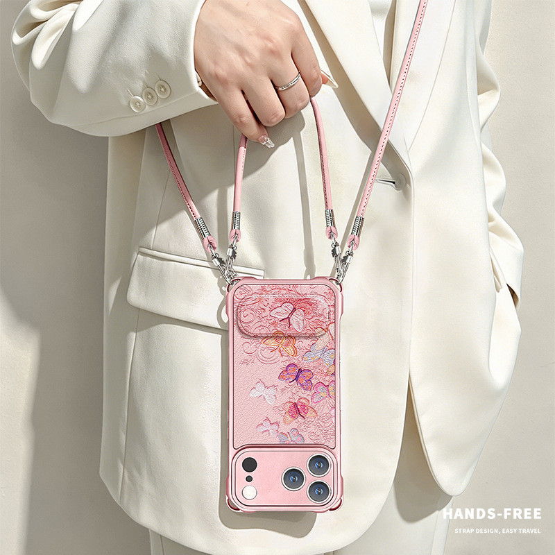 ผีเสื้อสีเหมาะสําหรับ ipone17proma เคสโทรศัพท์ iPhone 15 สี่มุม Lanyard 16 วงเล็บ 14 Crossbody 13Rea