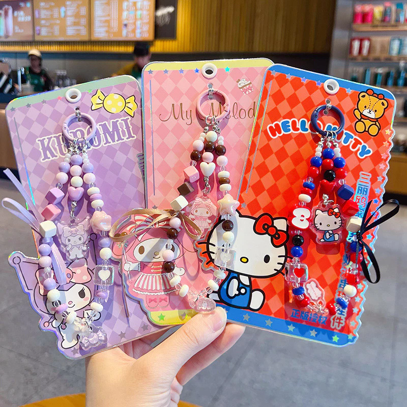 ของแท้ ซานริโอ ครอบครัวครีมลูกปัดพวงกุญแจการ์ตูนหูใหญ่สุนัขตุ๊กตาโทรศัพท์มือถือโซ่จี้