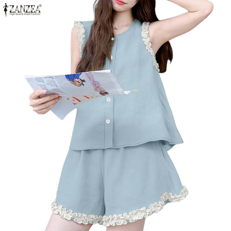 ZANZEA ใส่ ซานเซีย ผู้หญิงเกาหลีสันทนาการแขนกุดลูกเรือคอเสื้อกั๊กสีคมชัดนัวเนียตัดกางเกงขาสั้นชุดสองชิ้น