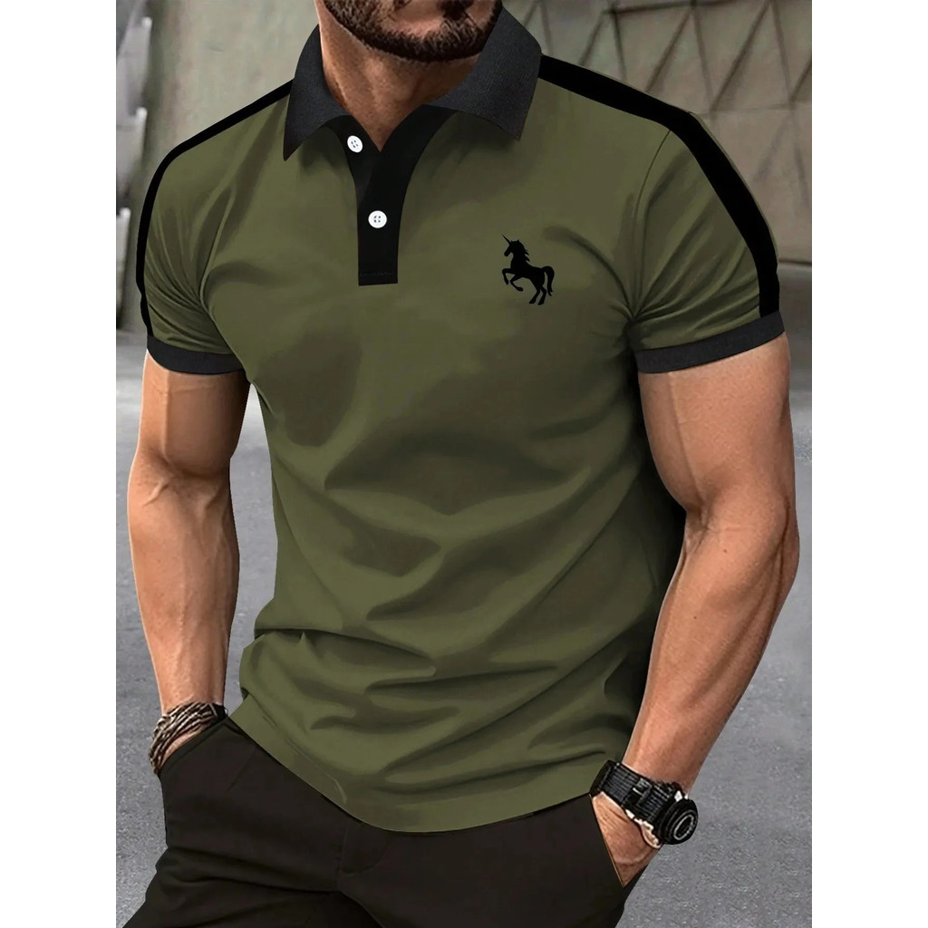 เสื้อโปโลแขนสั้นผู้ชายใหม่สําหรับฤดูร้อนเป็นลําลองแฟชั่นนุ่มและระบายอากาศด้วยการพิมพ์ลาย3ง ม0เจวี
