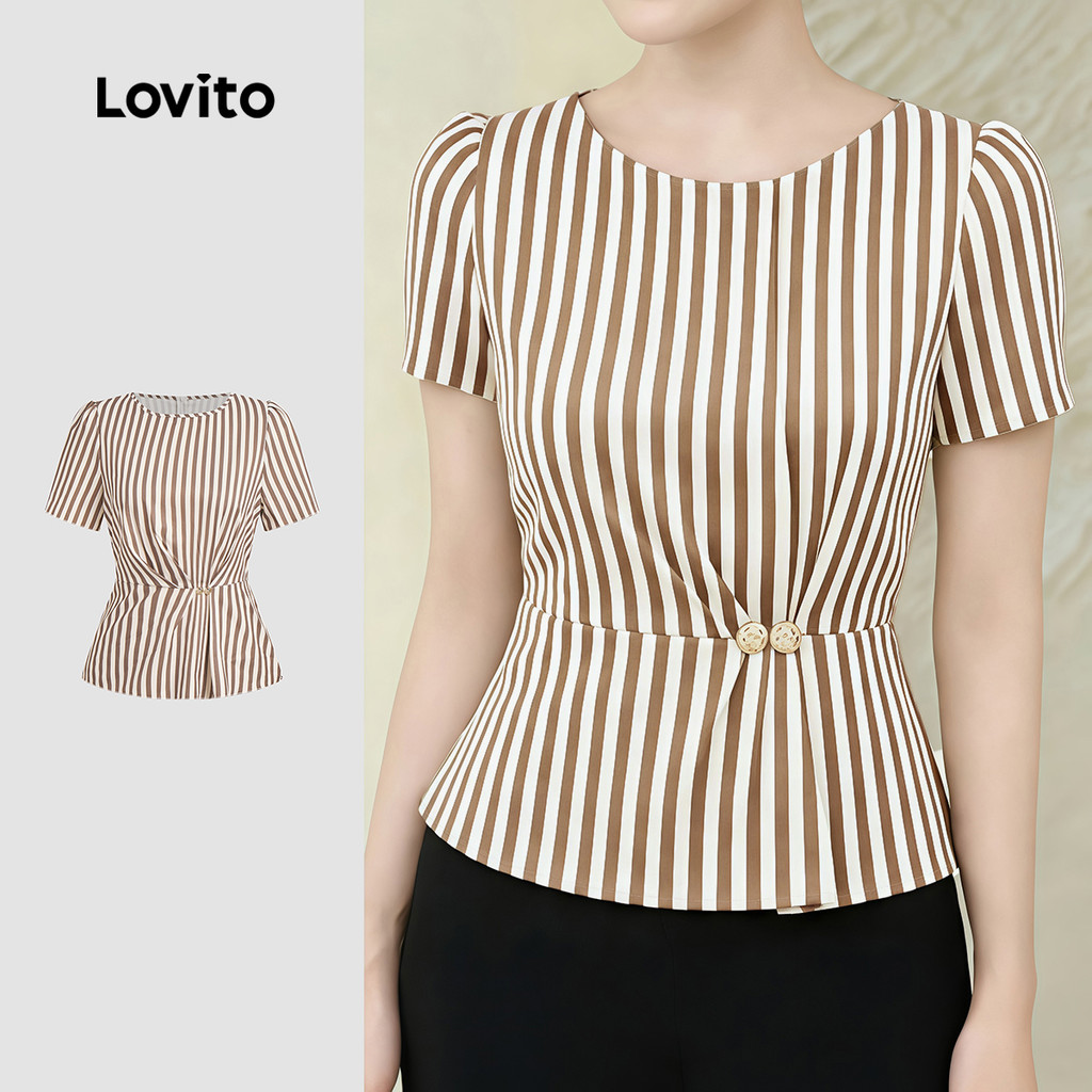 Lovito เสื้อเชิ้ตผู้หญิงแบบสบาย ๆ ลายกระดุมจีบสําหรับฤดูใบไม้ผลิ/ฤดูร้อน LK5ED1029